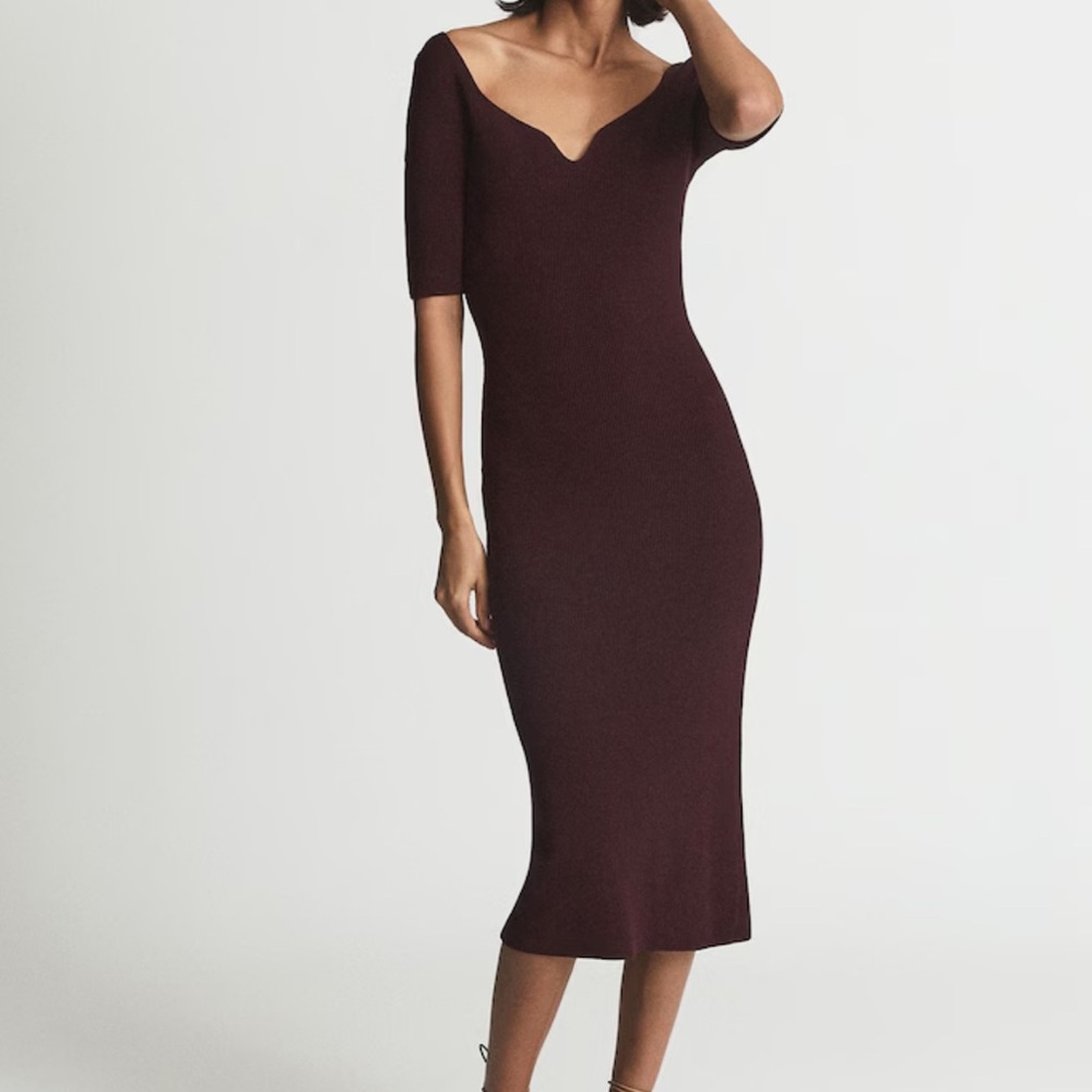 Reiss Olivia Sweetheart Neck Knit Midi Burgundy Dress Womens Small
